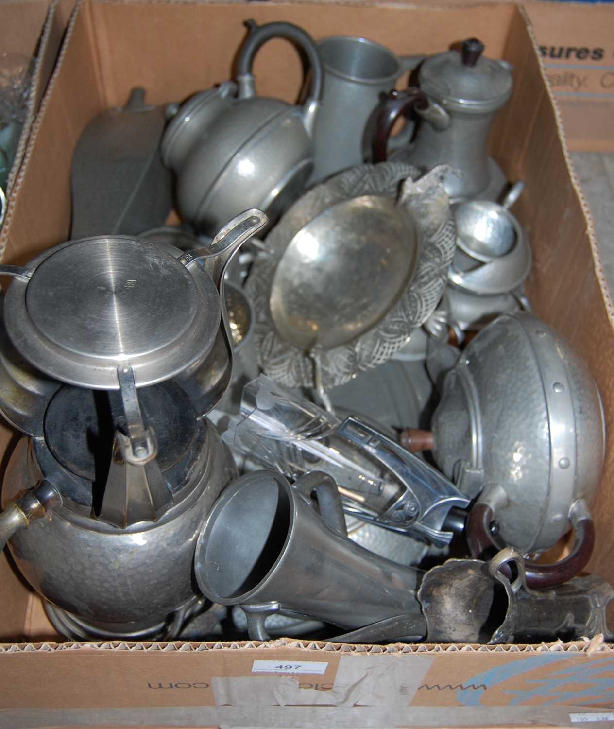 Lot 497 Box mixed pewter ware with hammered