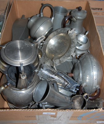 Lot 497 - Box - mixed pewter ware with hammered details...