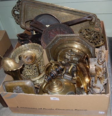 Lot 502 - Two Boxes - assorted brass ware together with...