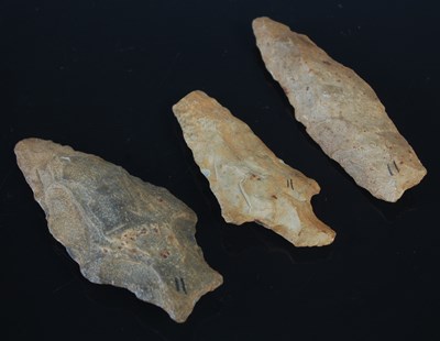 Lot 382 - Three antique flint arrowheads, approximately...