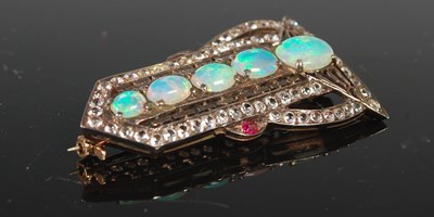 Lot 457 - An Art Deco white metal opal and gem set...