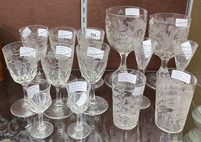 Lot 524 - A collection of assorted etched glassware to...