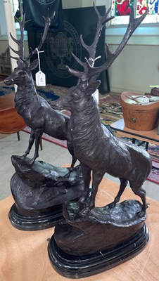 Lot 675 - After J.Moigniez, a pair of bronze stags,...