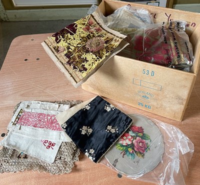 Lot 678 - A box of assorted textiles, lace, bellpull, etc.