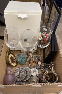 Lot 737 - A box of assorted glassware, costume jewellery,...