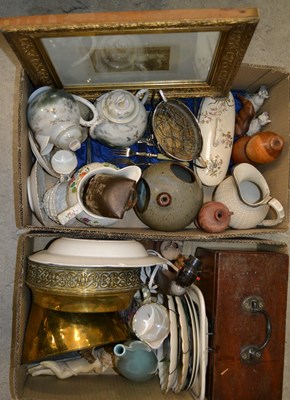 Lot 556 - Two boxes of assorted ceramic and brassware to...