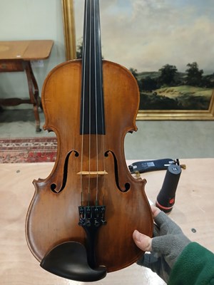 Lot 546 - An antique French violin, inscribed on paper...