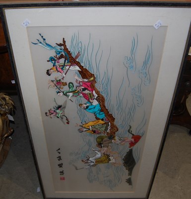 Lot 672 - A Chinese embroidered silk panel depicting...