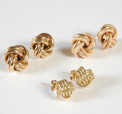 Lot 160 - Three pairs of 9ct gold knot earrings, each of...