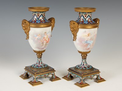 Lot 212 - A pair of gilt metal mounted hand-painted...