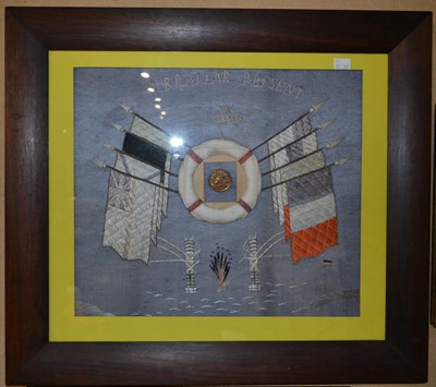 Lot 674 - Naval interest, a sailor's embroidered silk...