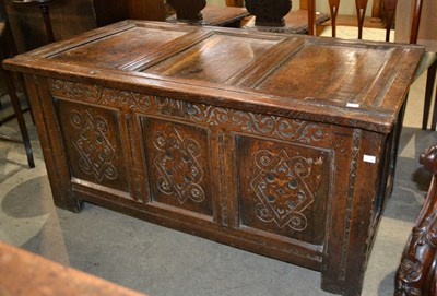 Lot 747 - An 18th/ 19th century oak coffer, the hinged...