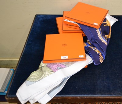 Lot 304 - Five boxed Hermes, Paris, silk scarves, 89cm...