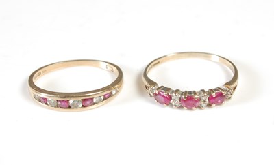 Lot 26 - Two 9ct gold ruby and diamond chip dress rings,...