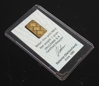 Lot 153 - A fine gold 999.9 1g bar, Valcambi S. A....
