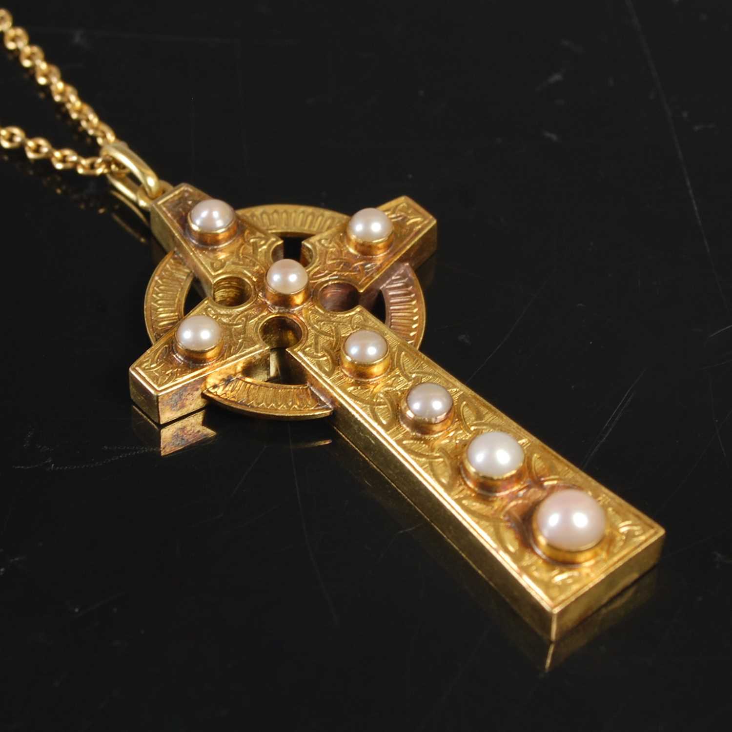 Lot 248 - A Scottish gold and pearl set Celtic cross,...