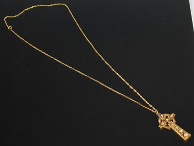 Lot 248 - A Scottish gold and pearl set Celtic cross,...