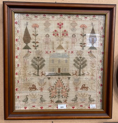 Lot 605 - An antique needlework sampler, worked in red,...