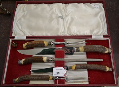 Lot 817 - A Cairncross deer horn carving cutlery set,...