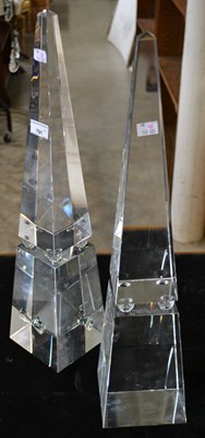 Lot 791 - A pair of glass obelisks, 59cm high x 13cm wide.