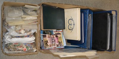 Lot 909 - Two boxes of assorted stamps and postcards, to...