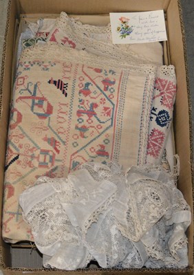 Lot 885 - A box of assorted vintage lace and embroidery,...