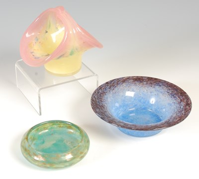 Lot 640 - A Vasart style glass basket vase in yellow and...