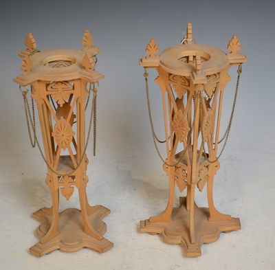 Lot 827 - A pair of blonde wood fret cut ornamental...