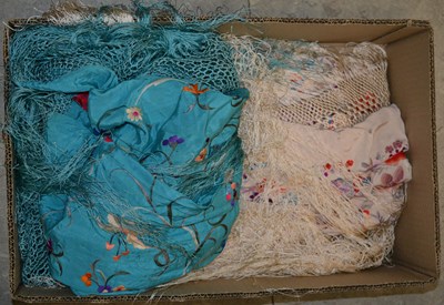 Lot 876 - A box of assorted shawls, with floral...