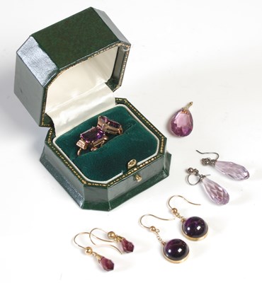 Lot 456A - A pair of yellow metal and amethyst earrings;...