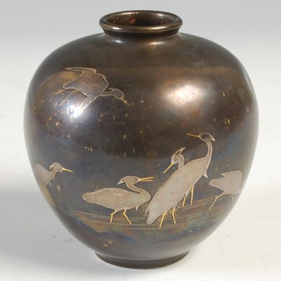 Lot 629 - A Japanese bronze and mixed metal vase, early...