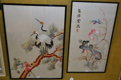 Lot 926 - Two Chinese silk work pictures, one depicting...