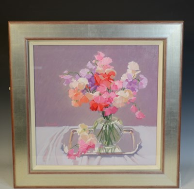 Lot 951 - Anne Donald (B.1941) Sweet peas on a silver...
