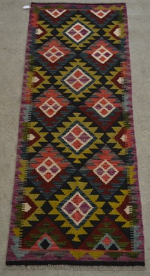 Lot 1217 - A Chobi Kilim runner, worked in coloured...