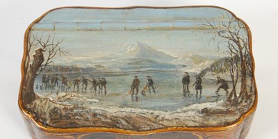 Lot 233 - Curling interest: a Mauchline ware shaped...