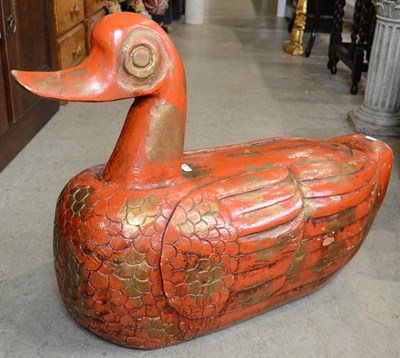 Lot 854 - A large vintage red lacquered wooden duck...