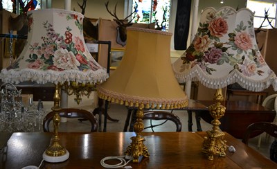 Lot 895 - A brass table lamp and shade, 88cm high;...