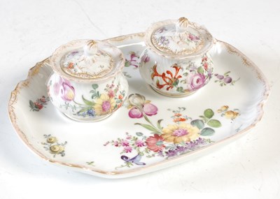 Lot 427 - A Dresden porcelain inkwell set, decorated...
