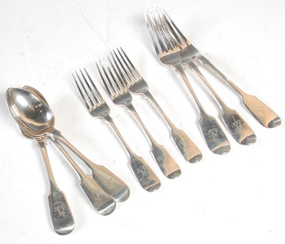 Lot 129 - Three Exeter silver fiddle pattern table forks,...