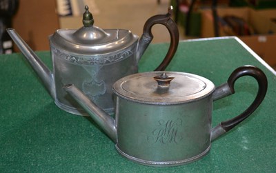 Lot 529 - Two late 18th century pewter oval teapots with...