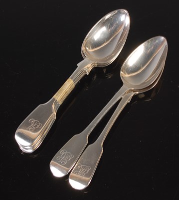 Lot 159 - A set of five antique silver fiddle pattern...