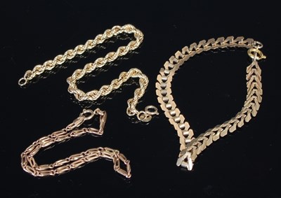 Lot 290 - Three assorted 9ct gold bracelets, 9.6g.