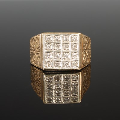 Lot 319 - A 9ct gold and diamond set ring, the square...