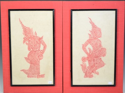Lot 636 - Two vintage red Thai temple rubbings, framed...