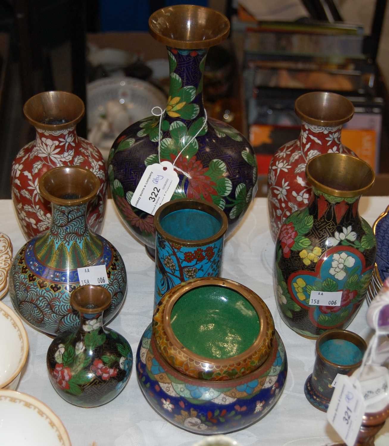 Lot 322 - A group of Cloisonne ware to include six vases,...