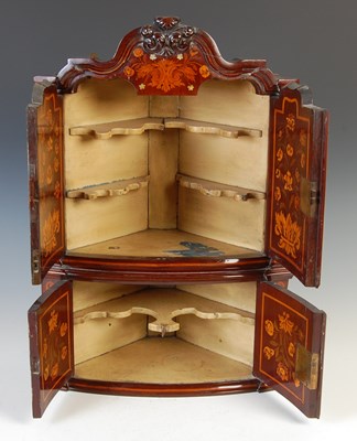 Lot 155 - An 18th century Dutch miniature mahogany and marquetry hanging corner cabinet