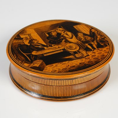 Lot 274 - A Mauchline ware circular pen-work snuff box,...