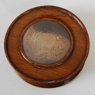 Lot 275 - A Mauchline ware circular penwork snuff box,...