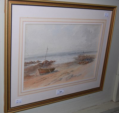 Lot 791 - A watercolour of a beach scene with row boats...