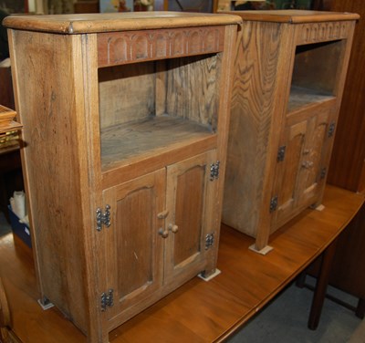 Lot 621 - Two oak side cabinets, both with upper open...
